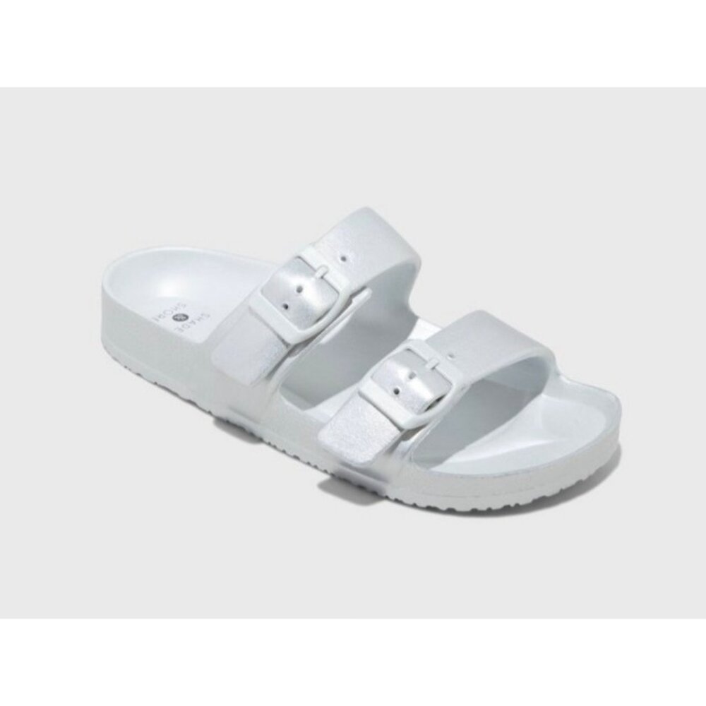 EVA 2 Band Footbed Slide Sandals Silver Metallic Slip On Women’s 11 Open Toe New